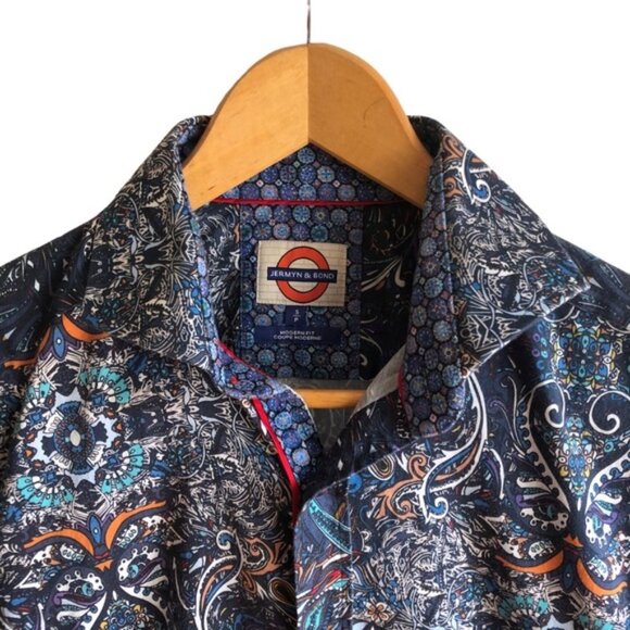 Jermyn & Bond Button Up Sport Shirt Size Small Blue Print - Picture 2 of 9